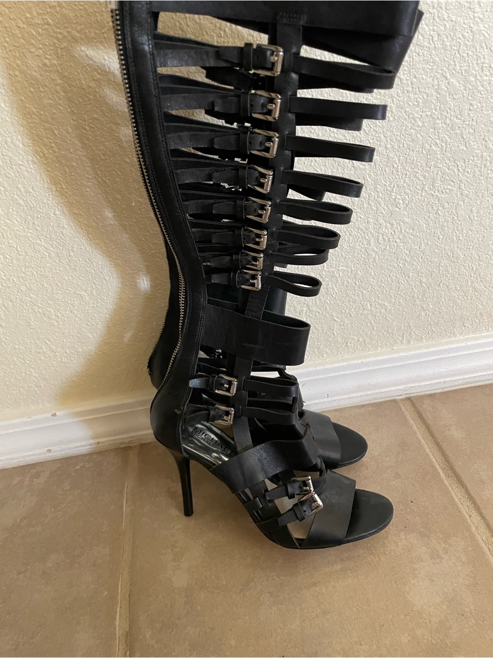 Michael Kors Black and Silver Metallic Strappy heeled boots